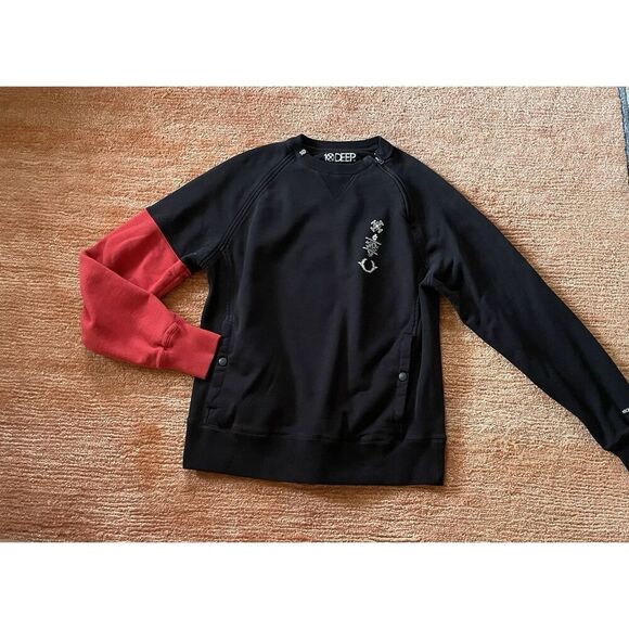 10.Deep Sweatshirt Black Red Sleeve Embroidered Logo Medium Streetwear - Picture 1 of 10